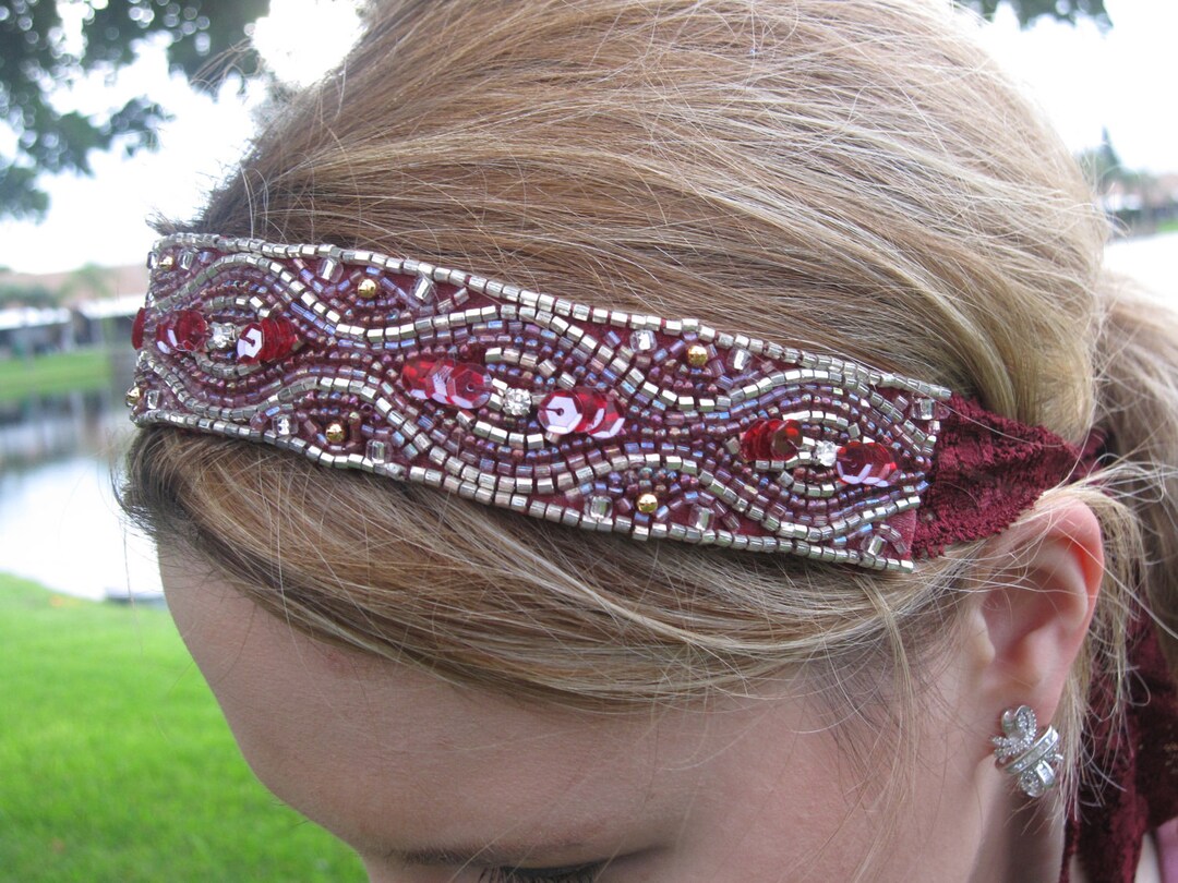 Red and Silver Beaded Applique Headband With Burgundy Lace Etsy