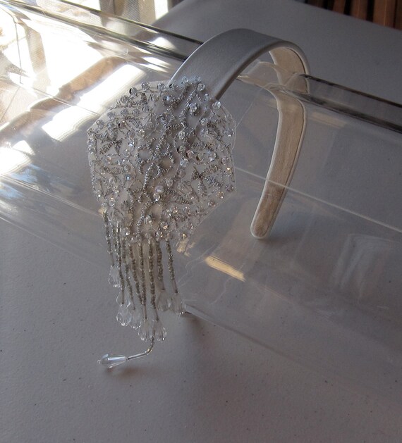 Silver Sequin Beaded Flower Ivory Satin Headband, for Bridal  display picture 1