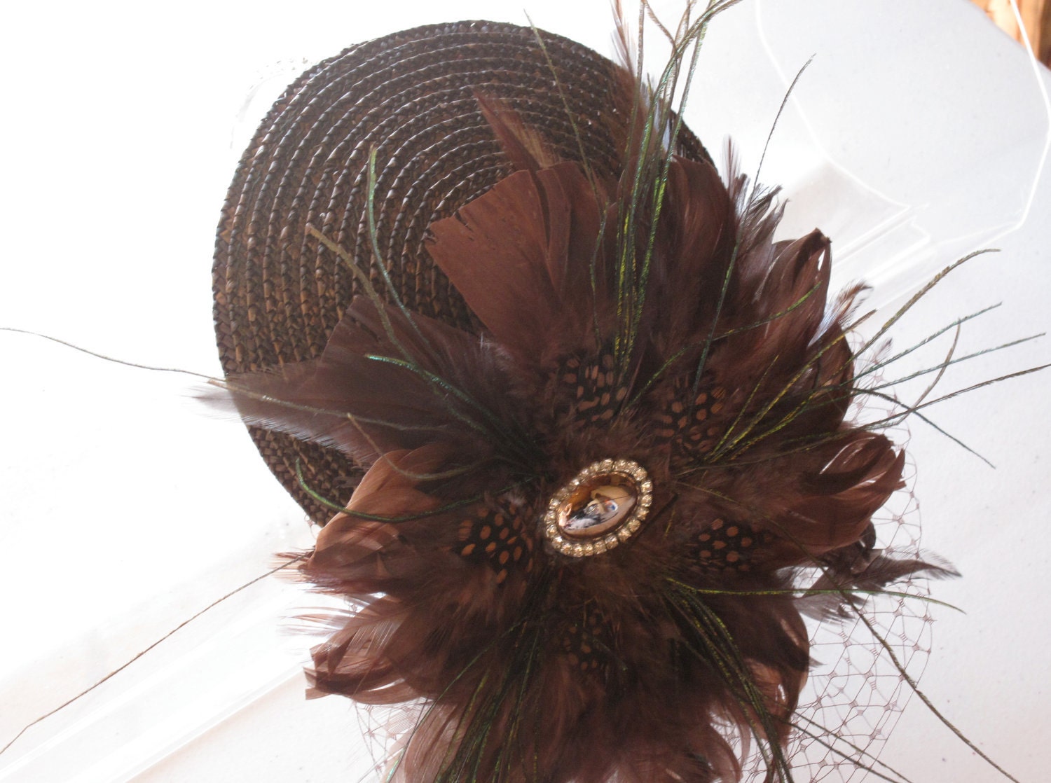 Vintage Brown Velvet Fascinator Hat Feather Accent Mesh Birdcage Veil Wedding Brown Fascinator With Veil - Etsy main image 3