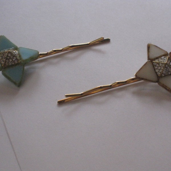 Set of Pale Blue and White Triangle Crystal Spike Flower Hair Pins, for weddings, parties, evening, cocktail, special occasions