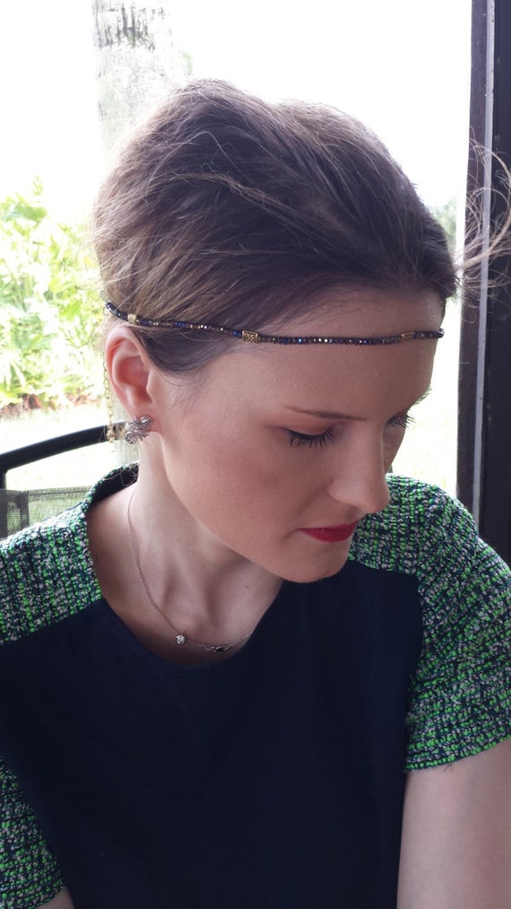 Crystal and beaded halo headband Gold Ball Chain Black Crystal Beaded Halo Headband, for  main image 4