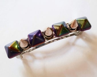 Purple and Green Rainbow Pyramid Silver Spike French Barrette, for parties, special occasions