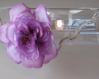 Silk Lilac Flower Halo Headband with Crystal Beaded Band and Ivory Satin Ribbon Tie,  for weddings, bridesmaid, parties