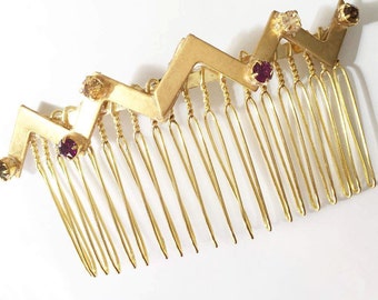 Purple Swarovski Crystal Gold Metal Zig Zag Hair Comb, for weddings, parties, evening, occasions