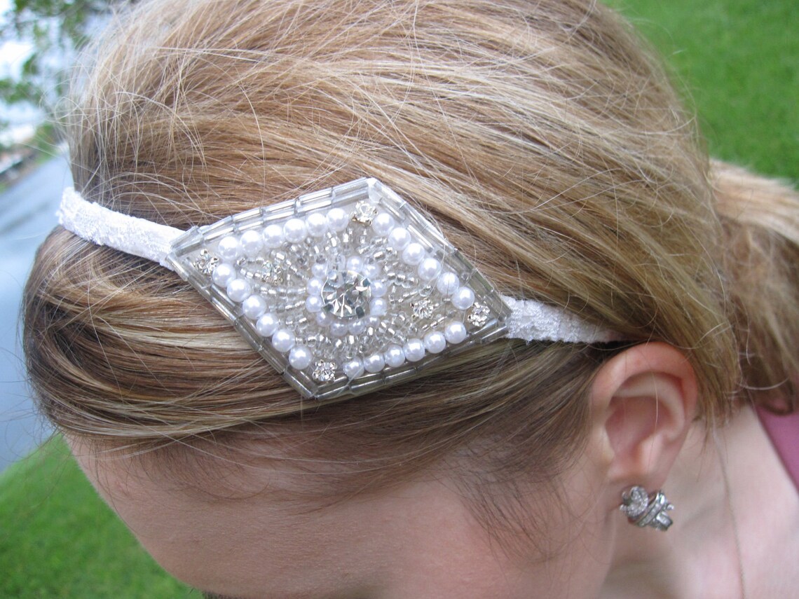 Pearl Crystal Beaded Applique Headband With Lace Trim for Etsy