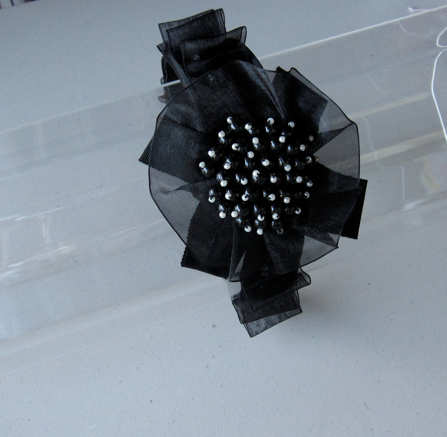 Black Ruffle Organza Beaded Flower Satin Headband, for  display picture 3