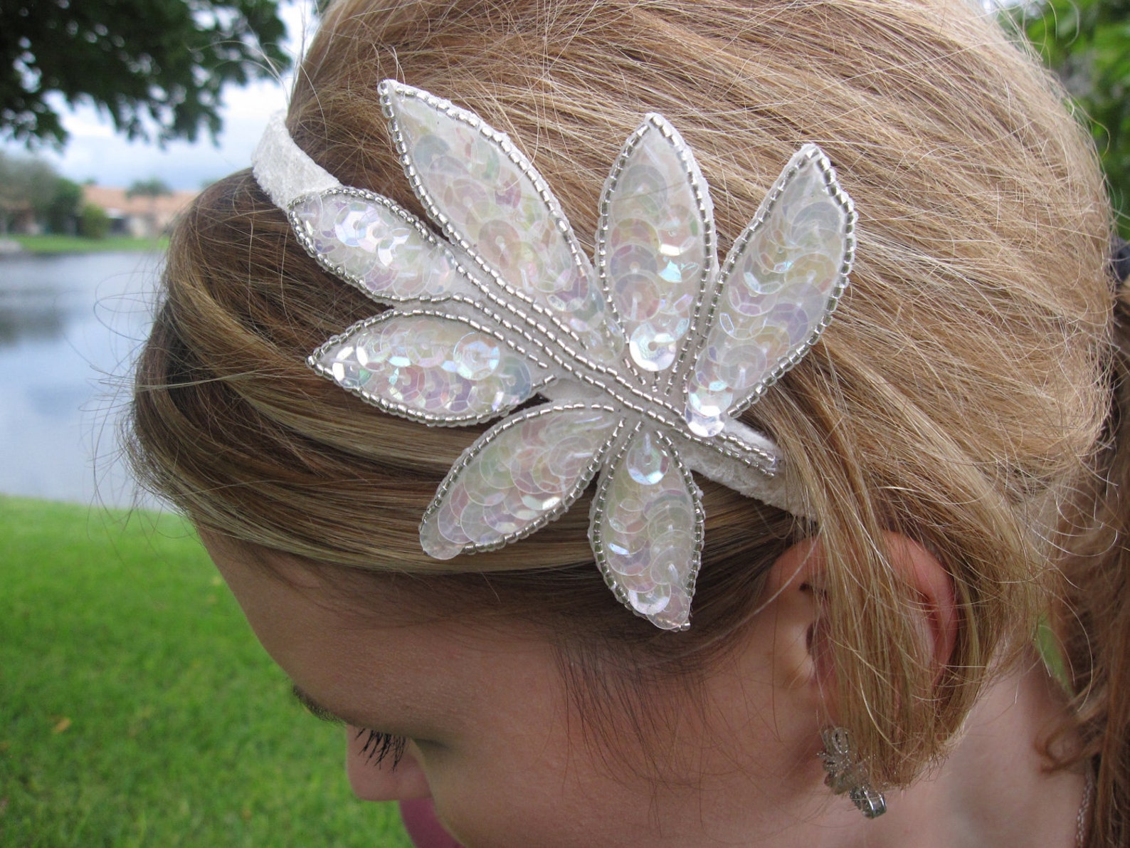 Ivory Sequin Leaves Applique Headband With Ivory Lace Trim Etsy