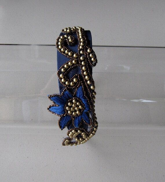 Royal Blue Gold Beaded Flower Satin Headband, for Weddings  display picture 3