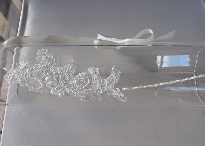 White Beaded Lace Flower Pearl Halo Headband with Ivory Satin Ribbon Tie, for Bridal, weddings, special occasions image 4