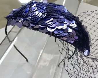 Purple Sequin Teardrop Fascinator Hat with Veil and Satin Headband, for weddings, parties, evening, occasions