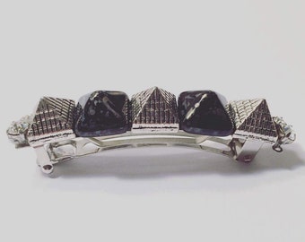 Silver Metal and Dark Gray Pyramid Swarovski Crystal French Barrette, for weddings, parties, special occasions