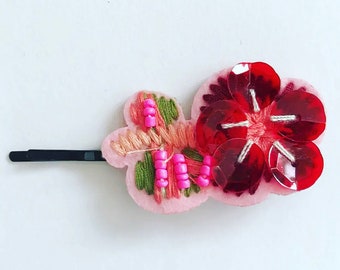 Red Sequin Beaded Flower Bobby Pin, for parties, fun, special occasions
