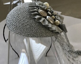 Silver Straw Fascinator Hat with Beaded Chain Appliqué, Veil, and Satin Headband, for weddings, parties, special occasions