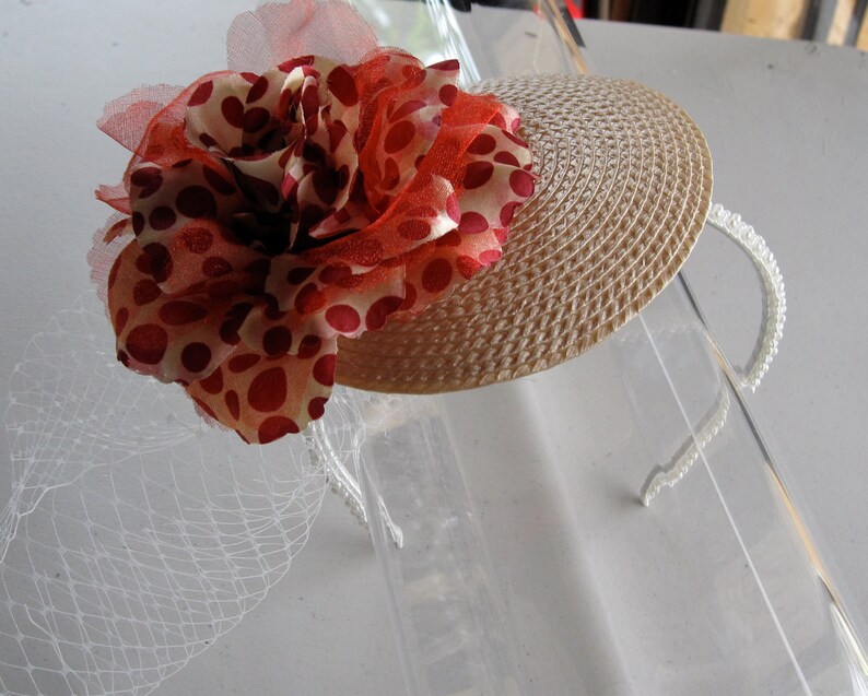 Red Polka Dot Flower Champagne Straw Fascinator Hat With Veil Etsy