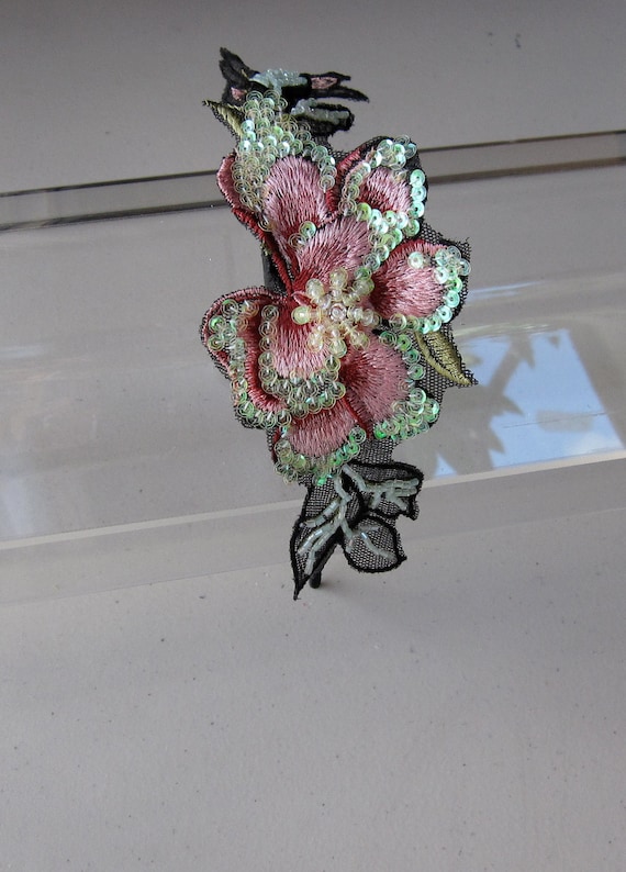 Pink Beaded Sequin Flower Black Satin Headband, for Weddings  display picture 1