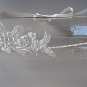 White Beaded Lace Flower Pearl Halo Headband with Ivory Satin Ribbon Tie, for Bridal, weddings, special occasions image 5