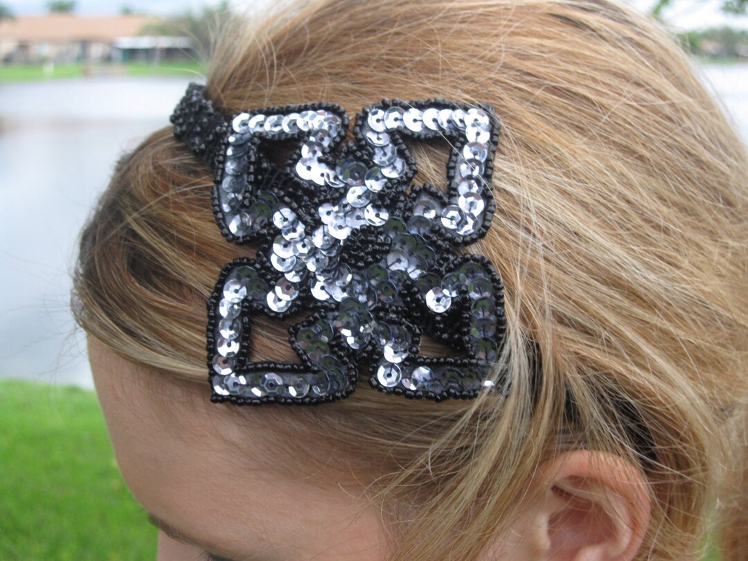 Black and Silver Sequin Flower Applique Headband With Black  display picture 1