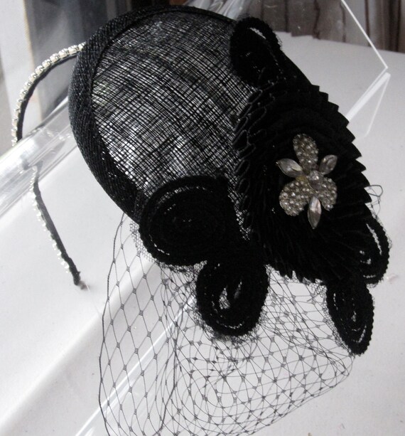Black Floral Veil Fascinator with Crystal Brooch Black Birdcage Veil and Hat with Feathers and Crystals main image 2
