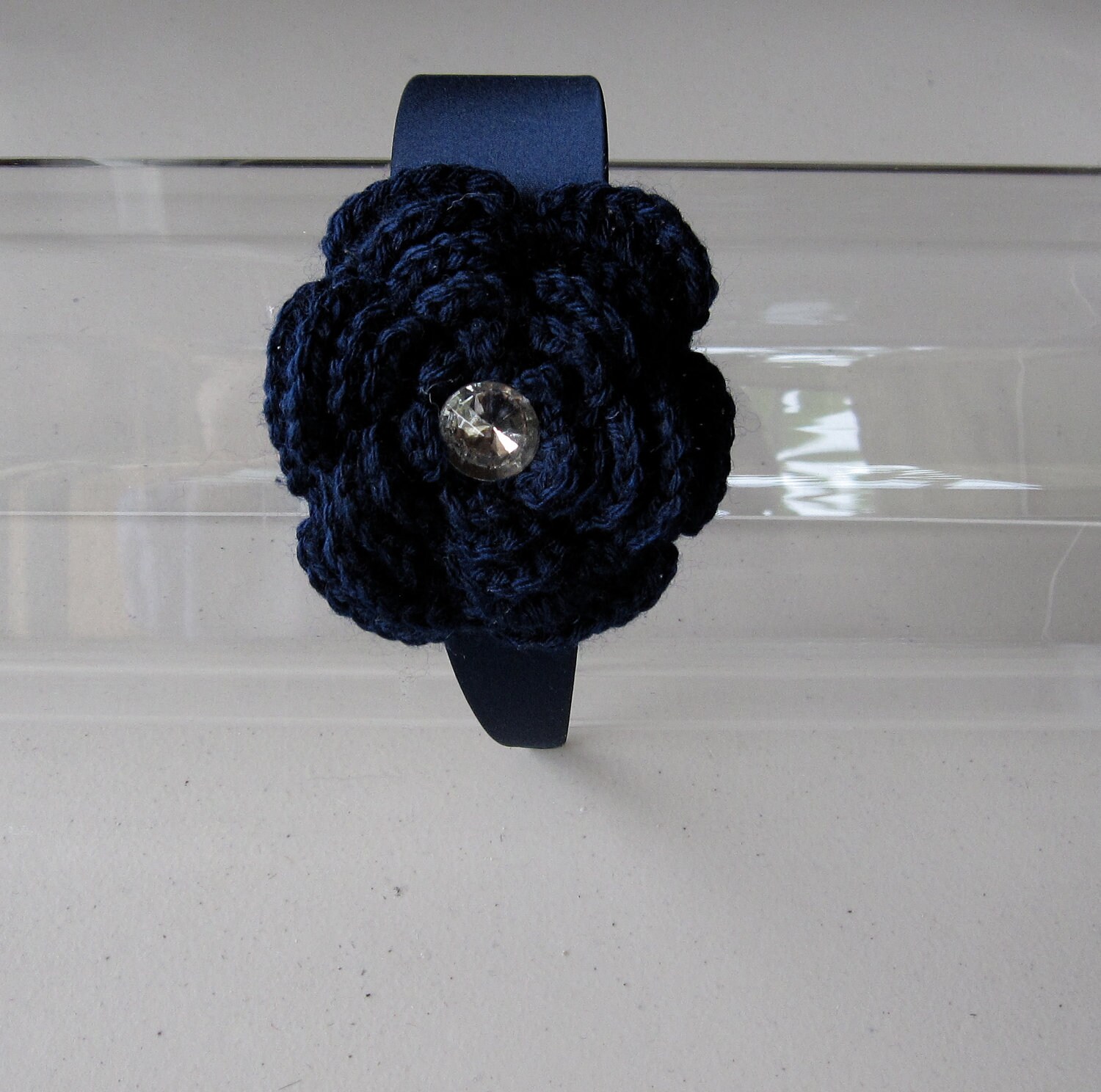 Navy Blue Woven Crystal Flower Satin Headband, for Weddings 