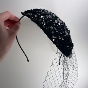 Black Sequin Silver Flower Teardrop Fascinator Hat with Veil and Satin Headband, for weddings, parties, evening, cocktail, special occasions image 2