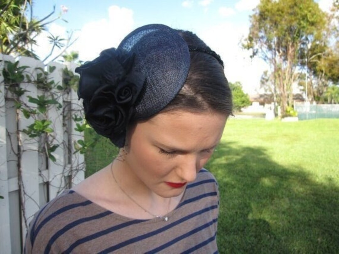 Navy Blue Silk Flower Sinamay Fascinator Hat With Veil and  display picture 3