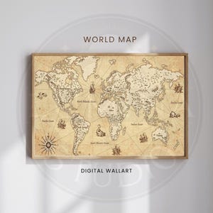 Könnte beinhalten: Ein gerahmter Weltkarten-Druck mit Vintage-Ästhetik. Die Karte zeigt detaillierte Illustrationen von Kontinenten, Ozeanen und Segelschiffen. Der Text "WORLD MAP" und "DIGITAL WALLART" ist auf dem Bild zu sehen.