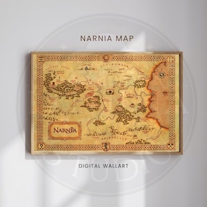 Puede incluir: Un mapa enmarcado de Narnia, con una ilustración detallada de la tierra ficticia. El mapa está en tonos marrones y beige, con bordes y texto intrincados. Las palabras "NARNIA MAP" y "DIGITAL WALLART" son visibles.