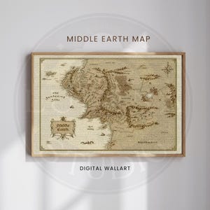 May include: A framed map of Middle Earth, with detailed geographical features and text. The map is in sepia tones, with a compass rose in the upper right corner. The text "Middle Earth Map" and "Digital Wallart" are visible.