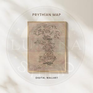 May include: A framed Prythian map digital wall art print. The map is a detailed illustration with text, in shades of brown and beige, set against a wood-grain background. The frame is a light brown color.
