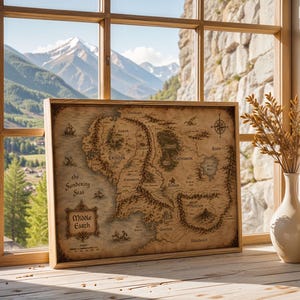 Può includere: Una mappa rettangolare incorniciata della Terra di Mezzo con un aspetto di pergamena vintage, caratterizzata da illustrazioni dettagliate di montagne, foreste e specchi d'acqua, con il testo Middle-earth e The Sundering Seas visibile.