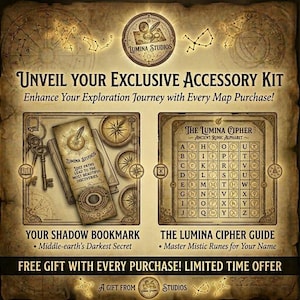 The Shadow Bookmark' and runic alphabet cipher guide. Free mystical accessory kit for map purchases from Lumina Studios.