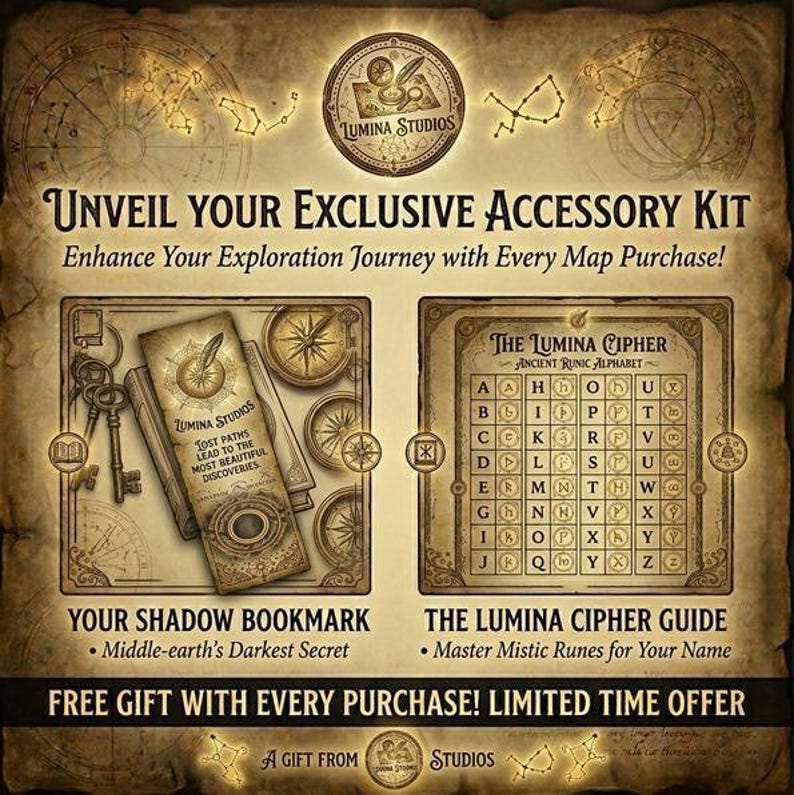 The Shadow Bookmark' and runic alphabet cipher guide. Free mystical accessory kit for map purchases from Lumina Studios.
