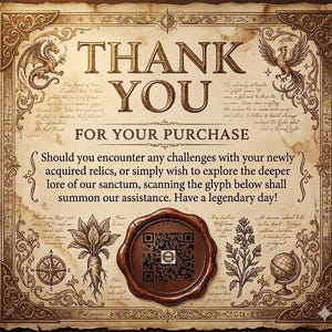 Vintage 'Thank You for Your Purchase' card by Lumina Studios. Features a dark academia and fantasy aesthetic on ancient parchment paper, decorated with a dragon, phoenix, mystic herbs, and a wax seal containing a QR code.