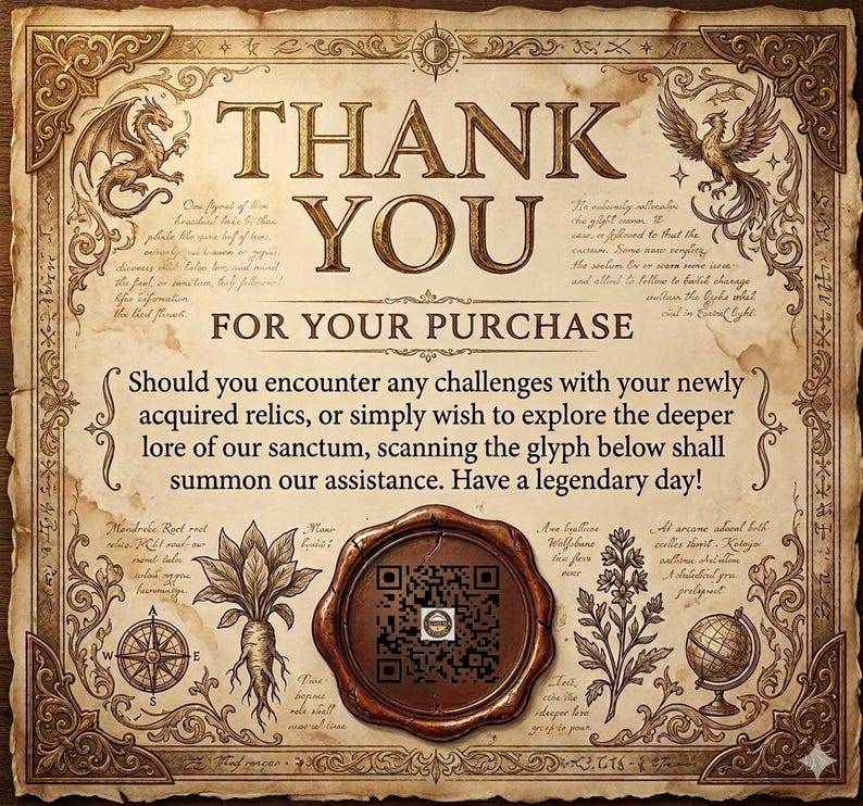 Vintage 'Thank You for Your Purchase' card by Lumina Studios. Features a dark academia and fantasy aesthetic on ancient parchment paper, decorated with a dragon, phoenix, mystic herbs, and a wax seal containing a QR code.