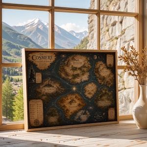 May include: A rectangular framed map titled The Cosmere, A Universe of Worlds, featuring detailed illustrations of various landmasses including Roshar, Scadrial, and Taldain, with dark blue oceans, parchment-colored terrain, and decorative text boxes.