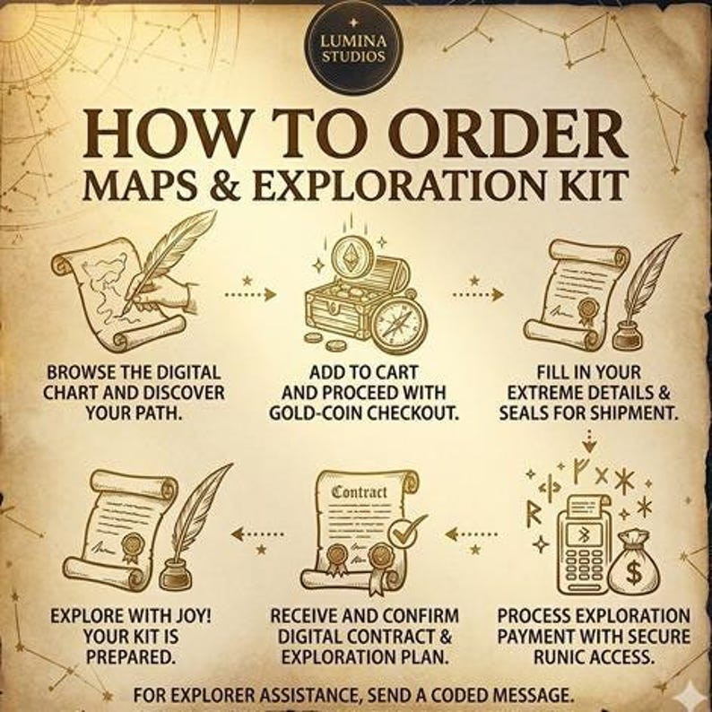 Step-by-step digital map order guide by Lumina Studios. Features a vintage scroll and quill design explaining the checkout process for fantasy maps and exploration kits on a rustic parchment paper background.