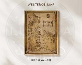 Könnte beinhalten: Eine gerahmte Karte von Westeros und den Freien Städten, mit einem Vintage-Pergament-Aussehen. Die Karte zeigt detaillierte geografische Umrisse und ist mit "Westeros Map" und "Digital Wallart" beschriftet. Oben befindet sich eine Windrose.