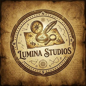 Official shop logo of Lumina Studios on a vintage parchment background. Features a circular compass design enclosing a fantasy map, pocket compass, quill, magnifying glass, and ancient astrological constellations.