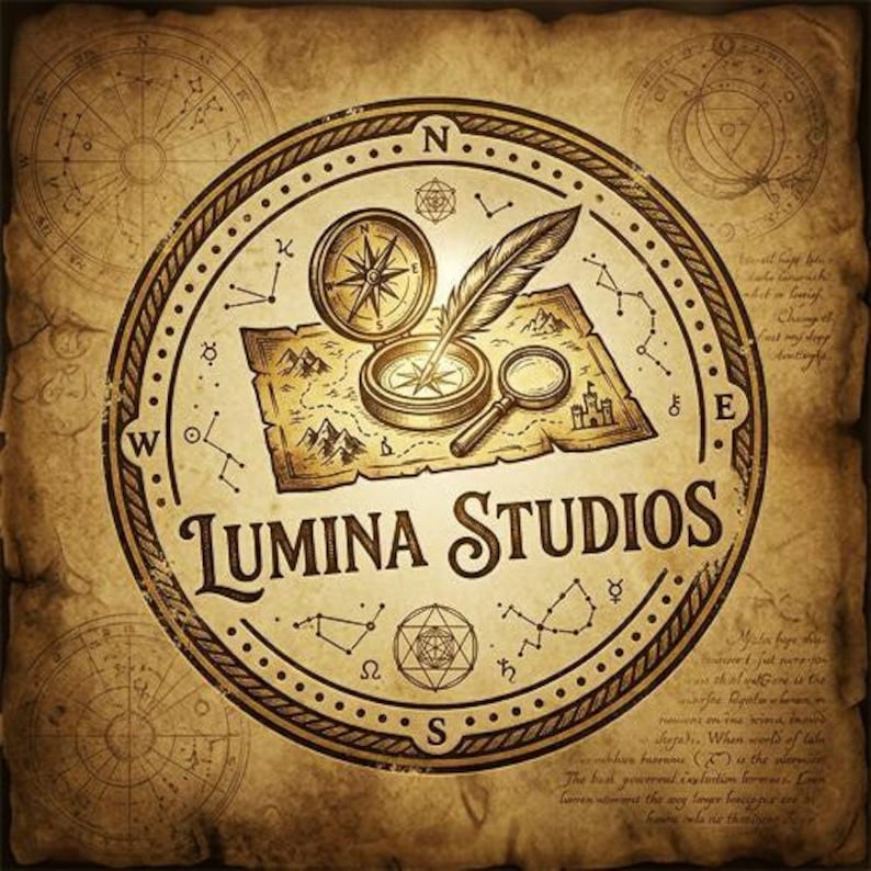 Official shop logo of Lumina Studios on a vintage parchment background. Features a circular compass design enclosing a fantasy map, pocket compass, quill, magnifying glass, and ancient astrological constellations.