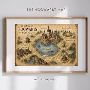 May include: A framed digital wall art print of the Hogwarts map. The map features illustrations of Hogwarts School, the lake, and surrounding areas. Text includes "The Hogwarts Map", "Grounds of Hogwarts School", and "Digital Wallart".