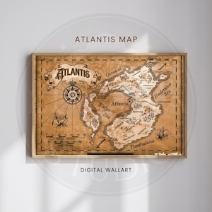 May include: A framed wooden map of Atlantis, featuring detailed illustrations of the mythical island. The map is in sepia tones with the text "ATLANTIS MAP" and "DIGITAL WALLART". A compass rose and scale are included.