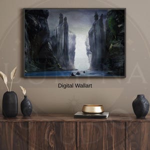 May include: Framed digital wall art depicting a fantasy landscape with towering stone statues flanking a waterway. The artwork features a dark color palette with a bright opening in the center, and the text "Digital Wallart" is visible.
