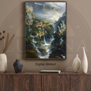 Puede incluir: Impresión digital enmarcada de arte mural que presenta un paisaje montañoso con cascadas y un puente. La obra de arte muestra una escena de fantasía con edificios y exuberante vegetación. La impresión se exhibe en un mueble de madera. El texto "Digital Wallart" es visible.