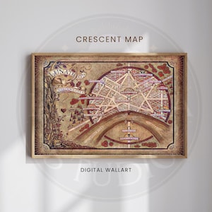 May include: A framed Crescent Map digital wall art print. The map features a detailed illustration of a city with a circular layout, with the text "Crescent City" and "Lunathion" on the top left. The map is in shades of brown, red, and beige.