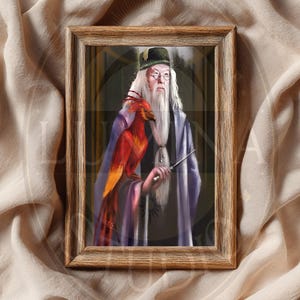 May include: A framed portrait of a wizard with a long white beard, wearing a purple robe and a green hat. A red and orange bird is perched on his arm. The frame is made of wood and the background is a blurred green and gold.