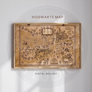 May include: A framed map of Hogwarts, with the text "HOGWARTS MAP" at the top and "DIGITAL WALLART" at the bottom. The map is detailed with illustrations and text, in shades of brown and tan.