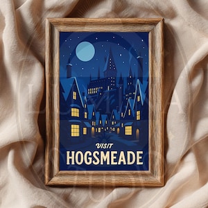 Hogsmeade Night Poster, snöig by väggkonst, trollkarlsvärldsdekor (digital nedladdning)