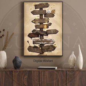 May include: A framed digital wall art print featuring a wooden signpost with directional signs pointing to various locations, including Rivendell, Rohan, and the Shire. The signs are in a rustic style with a fantasy theme.