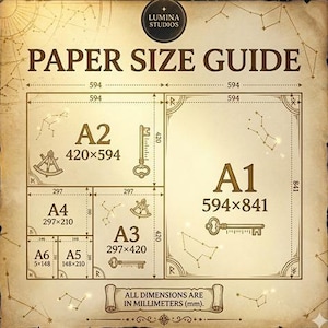 Paper size guide by Lumina Studios for printable art, showing A1, A2, A3, A4, A5, and A6 dimensions in millimeters. Features a vintage dark academia aesthetic with ancient keys, compasses, and constellations on old parchment paper.