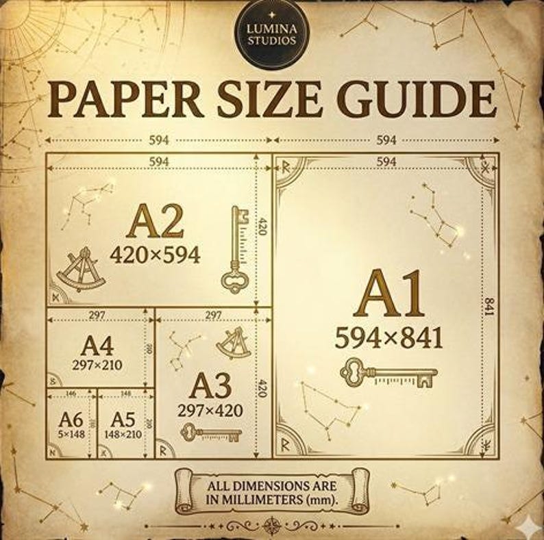 Paper size guide by Lumina Studios for printable art, showing A1, A2, A3, A4, A5, and A6 dimensions in millimeters. Features a vintage dark academia aesthetic with ancient keys, compasses, and constellations on old parchment paper.